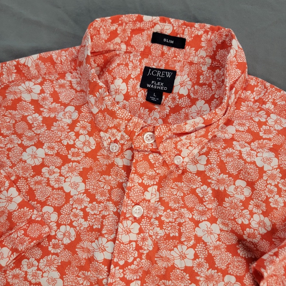 J.Crew Flex Washed Button Shirt Men's Large Red Floral‎ All Over Print SS Slim